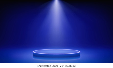 Destaque ilumina palco futurista com pódio. Quarto azul, neon redondo conduziu o pedestal do pódio, holofote. Plano de fundo para exibir produtos, apresentação. Exibição. Plano de fundo. Ilustração vetorial