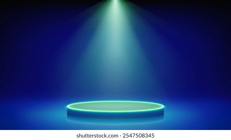 Destaque ilumina palco futurista com pódio. Quarto azul, pedestal de pódio de néon verde redondo, holofote. Plano de fundo para exibir produtos, apresentação. Exibição. Plano de fundo. Ilustração vetorial