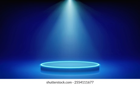 Spotlight illuminates futuristic stage with podium. Blue room, round cyan neon podium pedestal, spotlight. Background for displaying products, presentation. Showcase. Backdrop. Vector illustration