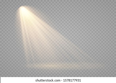 Spotlight isolated on transparent background. Vector glowing light effect with gold rays and beams