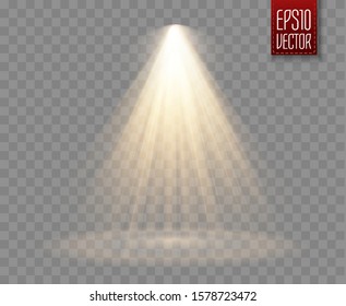 Spotlight isolated on transparent background. Vector sunlight with gold rays and beams.