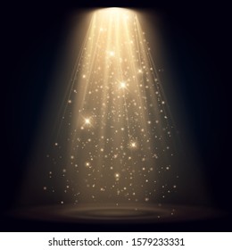 Spotlight isolated on transparent background. Vector glowing light effect with gold rays and beams