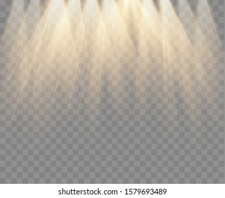 Spotlight isolated on transparent background. Vector sunlight with gold rays and beams. Vector warm light effect