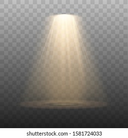 Spotlight isolated on transparent background. Vector glowing light effect with gold rays and beams