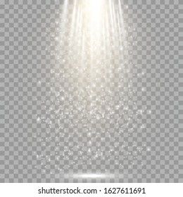 Spotlight isolated on transparent background. Vector glowing light effect with gold rays and beams