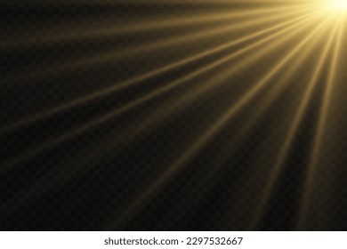 Spotlight isolated on transparent background. Vector sunlight with gold rays and beams. Vector warm light effect