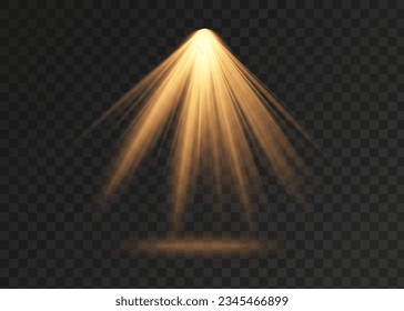 Spotlight einzeln auf transparentem Hintergrund. Vektorstrahlungseffekt mit goldenen Strahlen und Balken