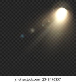 Spotlight isolated on transparent background. Vector glowing light effect with golden rays and highlights.