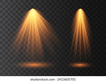 Spotlight isolated on transparent background. Vector glowing light effect with gold rays and beams