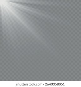 Spotlight isolated on transparent background. Vector sunlight with gold rays and beams. Vector warm light effect