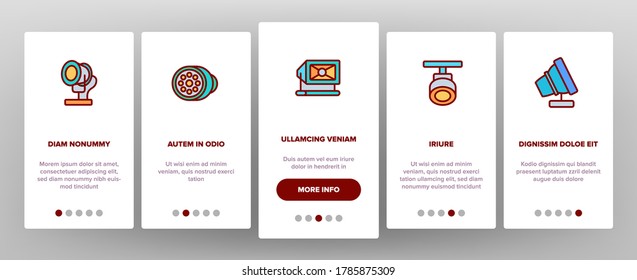 Spotlight Lamp Tool Onboarding Mobile App Page Screen Vector. Scene Spotlight Projector Lighting Equipment, Flashlight And Searchlight Illustrations