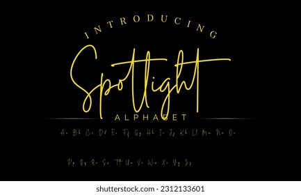 Spotlight Lettering signature font isolated on grey background. brus style alphabet. Vector logo letters.