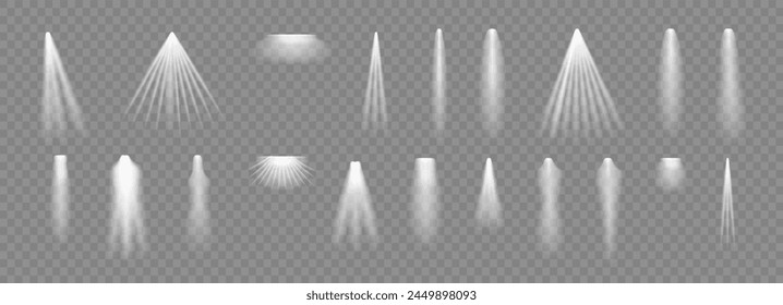 Spotlight. Light effect set. Glow white transparent light effect set lens flare glitter dust line sun flash.