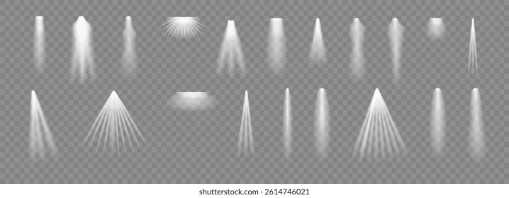 Spotlight. Light effect set. Glow white transparent light effect set lens flare glitter dust line sun flash.