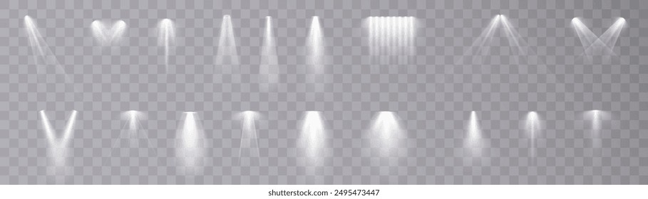 Spotlight light. Set of vector isolated spotlight light effects. White glowing spotlight on transparent background. Vector 10 EPS