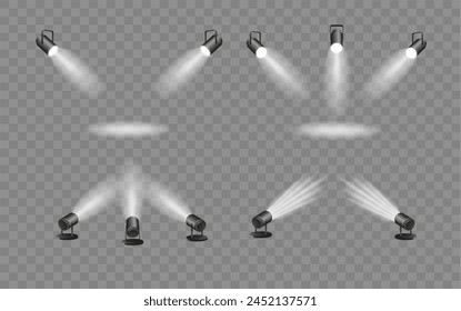 Spotlight lighting. Light source studio lighting walls spotlight. Light beams light effect. Vector