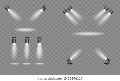 Iluminación de foco. Fuente de luz estudio iluminación paredes foco. Rayos de luz efecto de luz. Vector