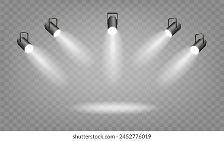 Spotlight lighting. Light source studio lighting walls spotlight. Light beams light effect. Vector