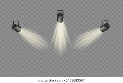 Spotlight lighting. Light source studio lighting walls spotlight. Light beams light effect. Vector