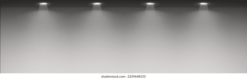 Spotlight lighting on wall background. Light source in the studio. Artificial stage layout. Vector horizontal mockup