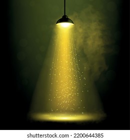 Spotlight lights lamp realistic composition with dark scenery smoke and hanging lamp with rays and particles vector illustration