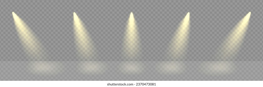 Spotlight line on award stage png. Spot lamps ray effect on transparent vector background. Golden podium beams flare.