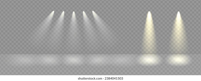 Spotlight line on award stage png. Spot lamps ray effect on transparent vector background. Golden podium beams flare.