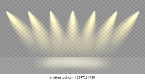 Spotlight line on award stage png. Spot lamps ray effect on transparent vector background. Golden podium beams flare.