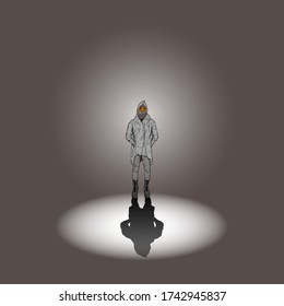 Spotlight on an anonymous man wearing a hoodie. Vector illustration.