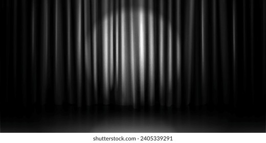 Spotlight on black curtain. Vector realistic illustration of theater stage closed with glossy gray fabric drapery, night show background, concert or circus performance ad banner, awarding ceremony