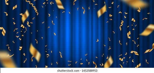 Spotlight on blue curtain background and falling golden confetti. Vector illustration.