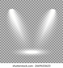 Spotlight on dark wall, realistic soft concert light on abstract stage png. White projector scene with rays, vector illustration Vector illustration Scene illumination collection, transparent effects.