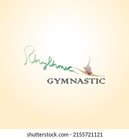 Spotlight on a female rhythmic gymast twirling the ribbon apparatus with the title: Rhythmic gymnastic. Hand drawn vector illustration.