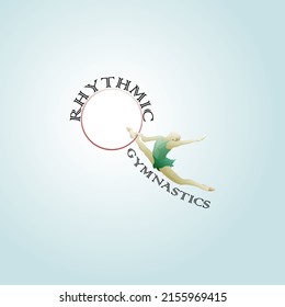 Spotlight on a female rhythmic gymast perform with the hoop apparatus and the title: Rhythmic gymnastics. Hand drawn vector illustration.