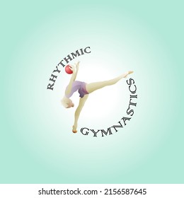 Spotlight on a female rhythmic gymast balancing with the ball apparatus and the title: Rhythmic gymnastics. Hand drawn vector illustration.