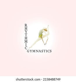 Spotlight on a female rhythmic gymast perform with the club apparatus, with the title: Rhythmic gymnastics. Hand drawn vector illustration.