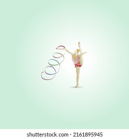 Spotlight on a female rhythmic gymast twirling the ribbon apparatus while raising her legs. Hand drawn vector illustration.