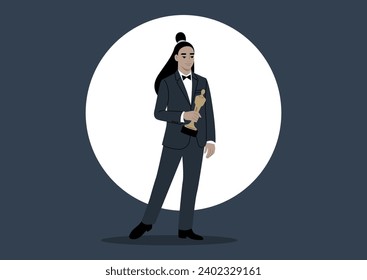 In the spotlight, on a grand stage, a figure adorned in classic attire embraces triumph, accepting a prestigious award, the elegance of the traditional dress code amplifies the moment of victory