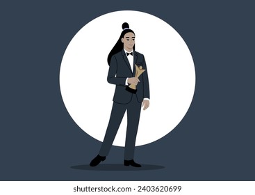 In the spotlight, on a grand stage, a figure adorned in classic attire embraces triumph, accepting a prestigious award, the elegance of the traditional dress code amplifies the moment of victory