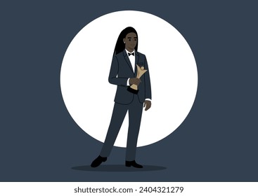 In the spotlight, on a grand stage, a figure adorned in classic attire embraces triumph, accepting a prestigious award, the elegance of the traditional dress code amplifies the moment of victory