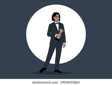 In the spotlight, on a grand stage, a figure adorned in classic attire embraces triumph, accepting a prestigious award, the elegance of the traditional dress code amplifies the moment of victory