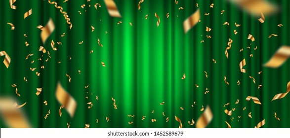 Spotlight on green curtain background and falling golden confetti. Vector illustration.