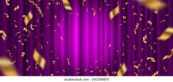 Spotlight on purple curtain background and falling golden confetti. Vector illustration.