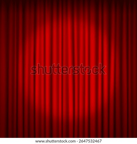 Spotlight on red closed theater curtain square background. Vector
