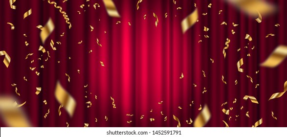 Spotlight on red curtain background and falling golden confetti. Vector illustration.