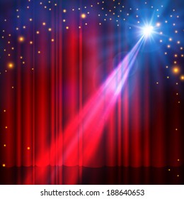 Spotlight on red stage curtain with smoke & lights. Vector illustration. 