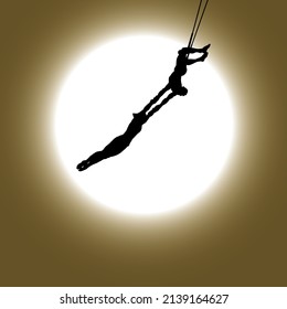 Spotlight on the silhouette of a pair of trapeze artist swing through the air. Vector illustration.