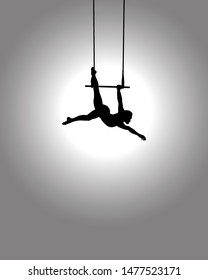 Spotlight On The Silhouette Of A Solo Trapeze Artist Hanging On A Swinging Bar. Vector Illustration. 