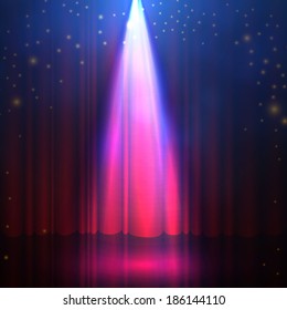 Spotlight on stage curtain with smoke & lights. Vector illustration. 