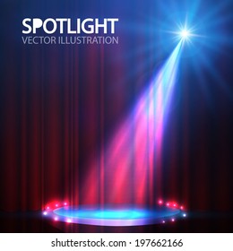 Spotlight On Stage Curtain With Smoke & Light. Vector Illustration.